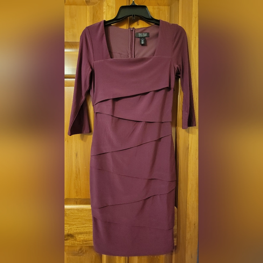 White House Black Market Plum Slimming Layered 3/4 Length Sleeve Dress Size 4